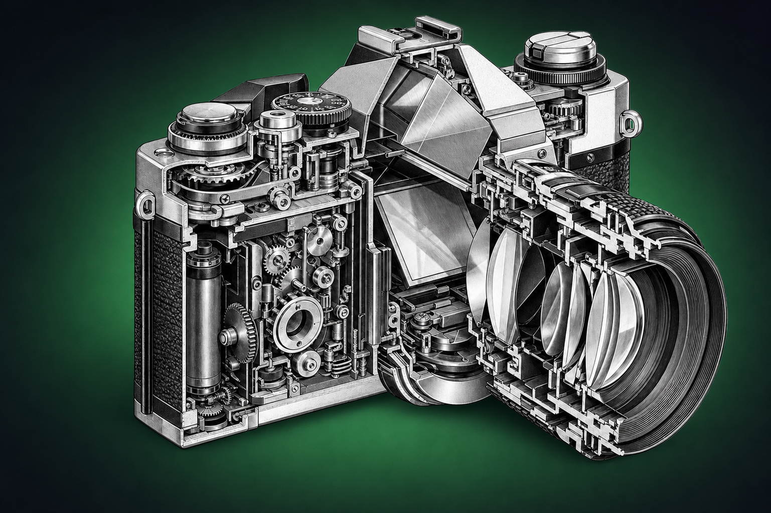 Nikon F・F2をイメージした精密なカメラ内部構造イラスト