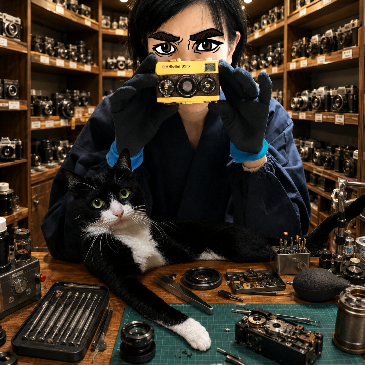 猫とカメラに囲まれた猫の暗室のイメージ